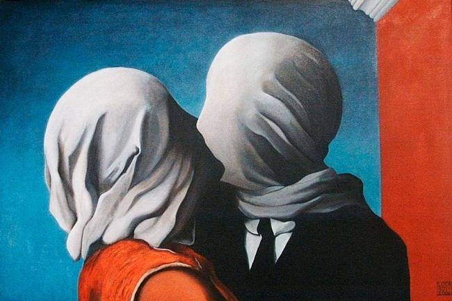 a painting of two people with white cloth covering their faces